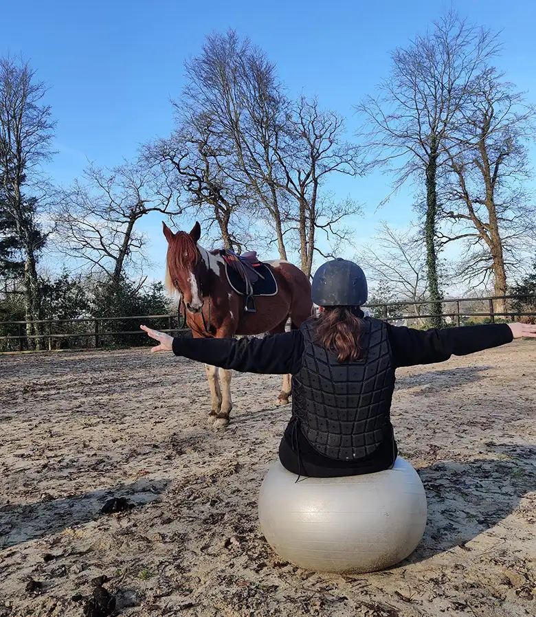 Nos cours intègrent des exercices à pied, avec des ballons de gym et d'autres outils, pour vous aider à mieux comprendre les réactions de votre cheval